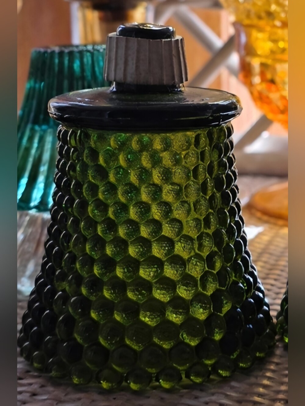 1 Vintage Homco Avacado Green Glass Peg Votive Candle Holders Bubble Hobnail